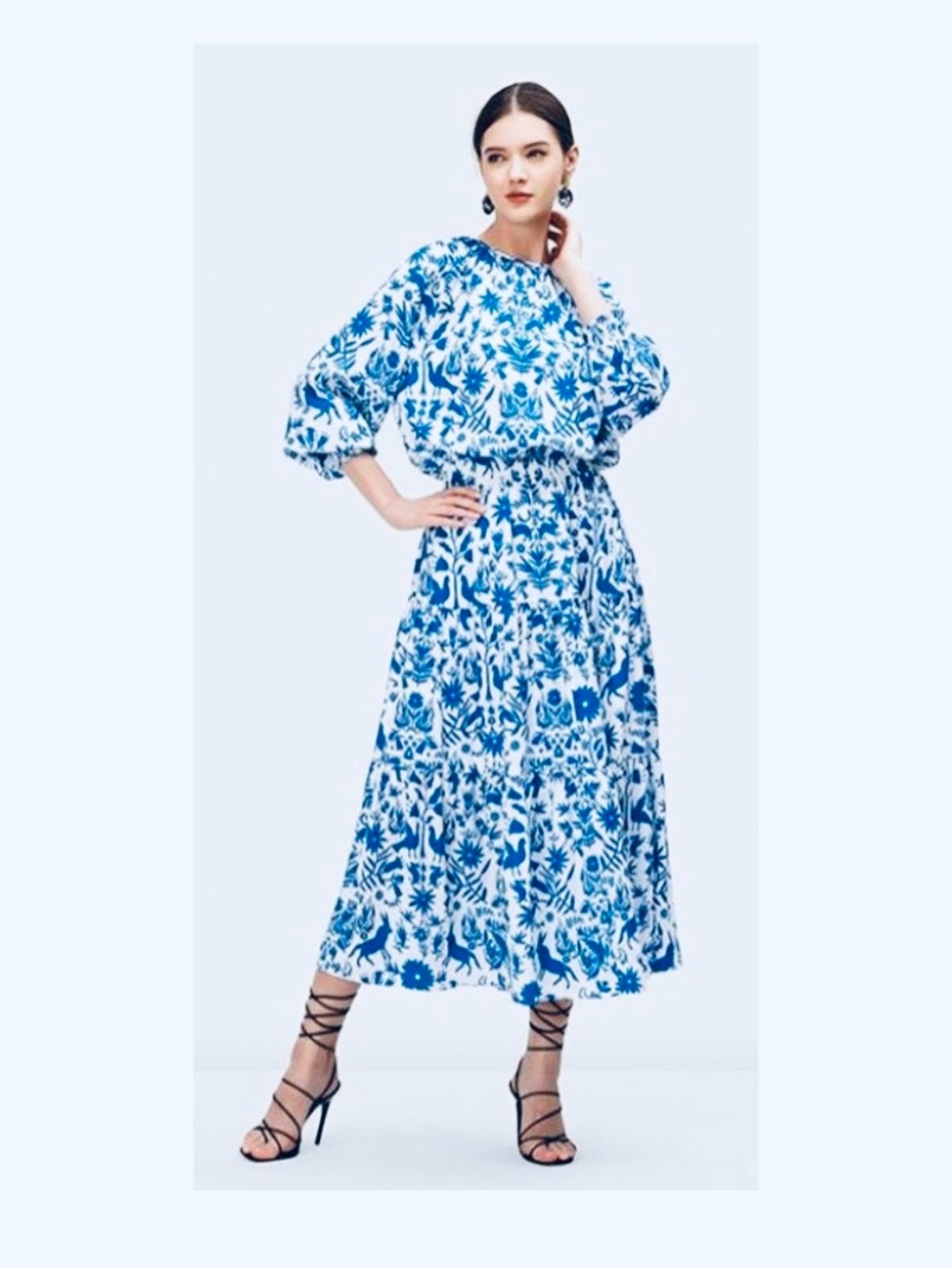 Blue Floral Puff-Sleeve Maxi Dress